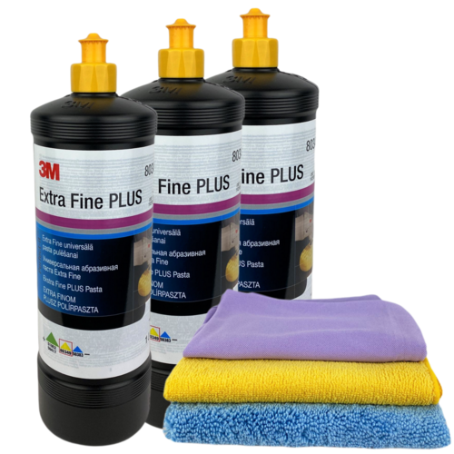 3 x 3M Extra Fine PLUS Schleifpaste 1L gelb + Microfasertuch Set